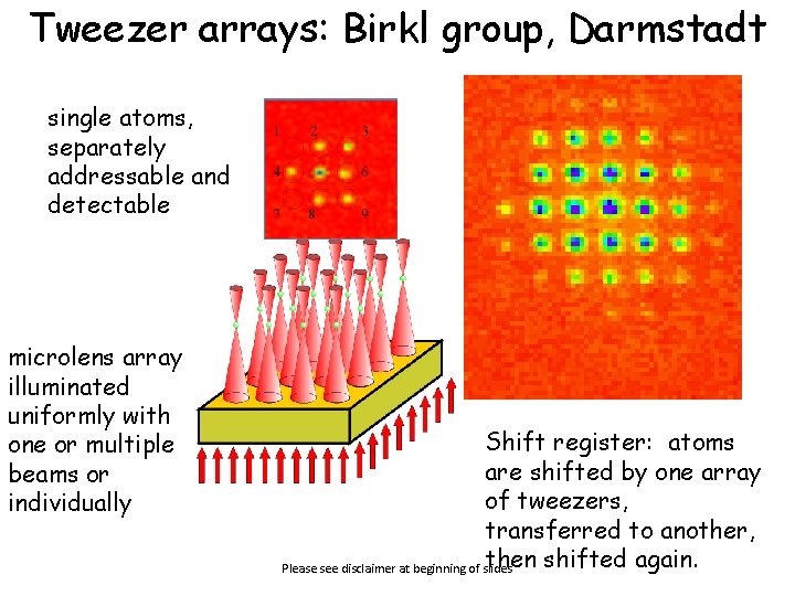 Tweezer arrays: Birkl group, Darmstadt single atoms, separately addressable and detectable microlens array illuminated Tweezer arrays: Birkl group, Darmstadt single atoms, separately addressable and detectable microlens array illuminated