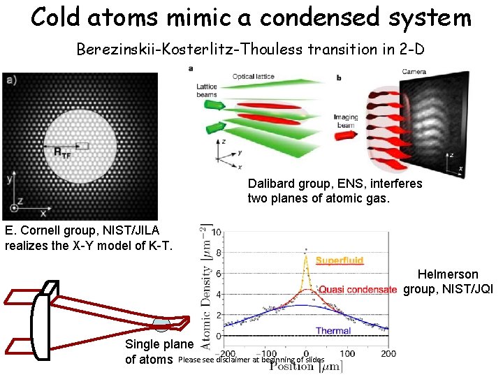 Cold atoms mimic a condensed system Berezinskii-Kosterlitz-Thouless transition in 2 -D Dalibard group, ENS, Cold atoms mimic a condensed system Berezinskii-Kosterlitz-Thouless transition in 2 -D Dalibard group, ENS,