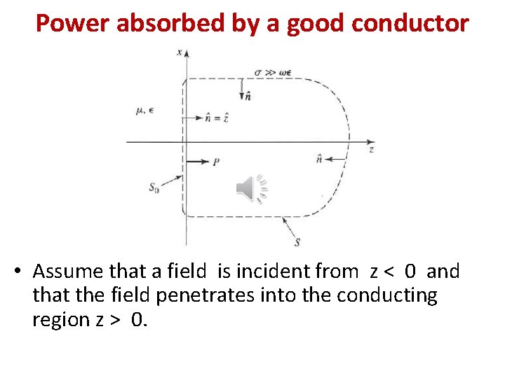 Power absorbed by a good conductor • Assume that a field is incident from