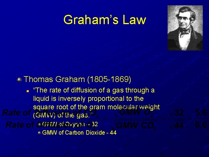 Graham’s Law Thomas Graham (1805 -1869) n “The rate of diffusion of a gas Graham’s Law Thomas Graham (1805 -1869) n “The rate of diffusion of a gas