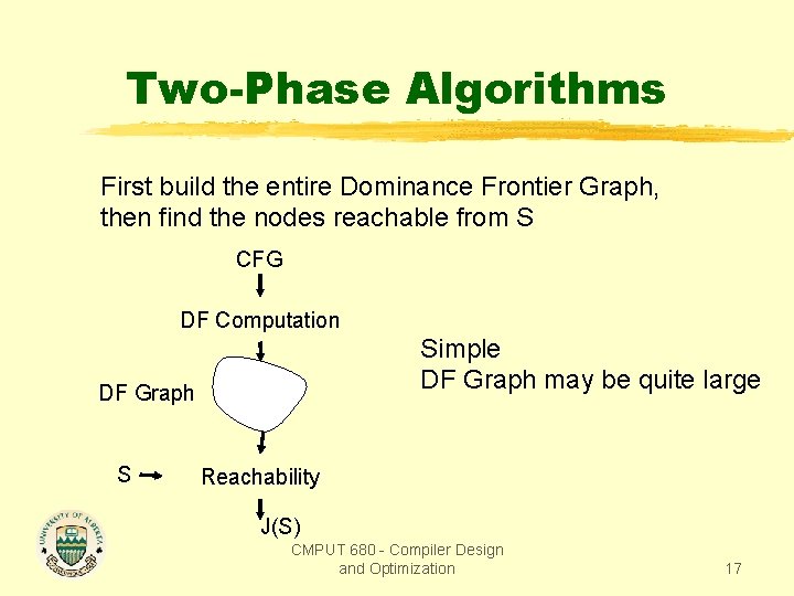 Two-Phase Algorithms First build the entire Dominance Frontier Graph, then find the nodes reachable