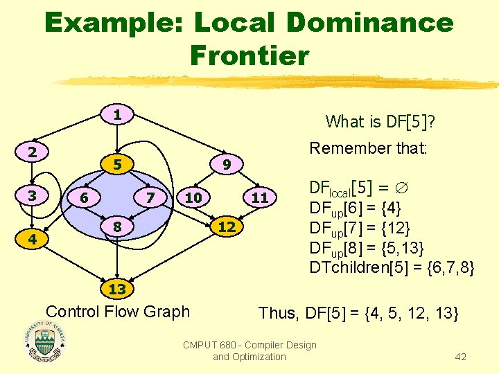 Example: Local Dominance Frontier 1 2 3 4 What is DF[5]? 5 6 Remember