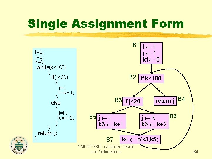 Single Assignment Form i=1; j=1; k=0; while(k<100) { if(j<20) { j=i; k=k+1; } else