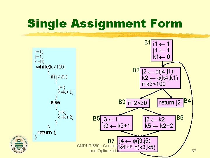 Single Assignment Form i=1; j=1; k=0; while(k<100) { if(j<20) { j=i; k=k+1; } else