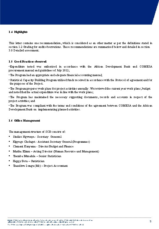 COMESA Statistical Capacity Building Program Management letter for