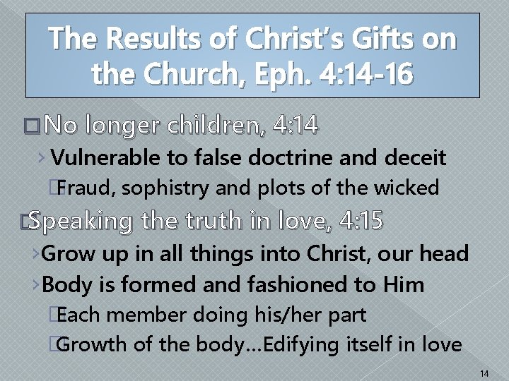 The Results of Christ’s Gifts on the Church, Eph. 4: 14 -16 � No