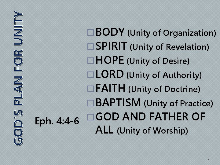 GOD’S PLAN FOR UNITY � BODY (Unity of Organization) � SPIRIT (Unity of Revelation)