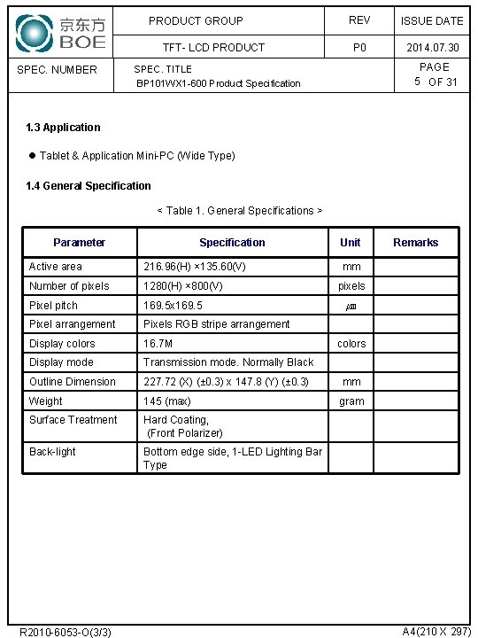 PRODUCT GROUP TFT- LCD PRODUCT SPEC. NUMBER REV ISSUE DATE P 0 2014. 07.