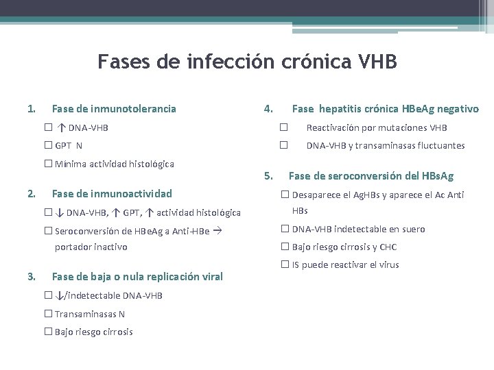 Fases de infección crónica VHB 1. Fase de inmunotolerancia � Reactivación por mutaciones VHB