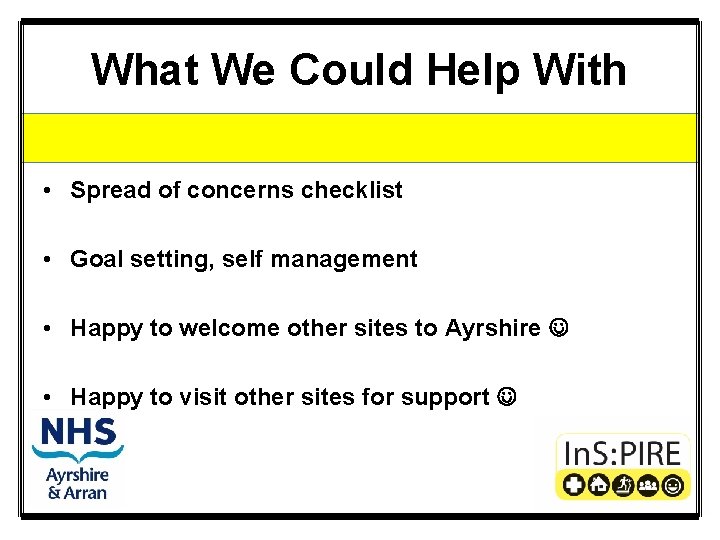 What We Could Help With • Spread of concerns checklist • Goal setting, self