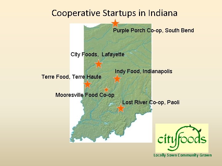 Cooperative Startups in Indiana Purple Porch Co-op, South Bend City Foods, Lafayette Terre Food,