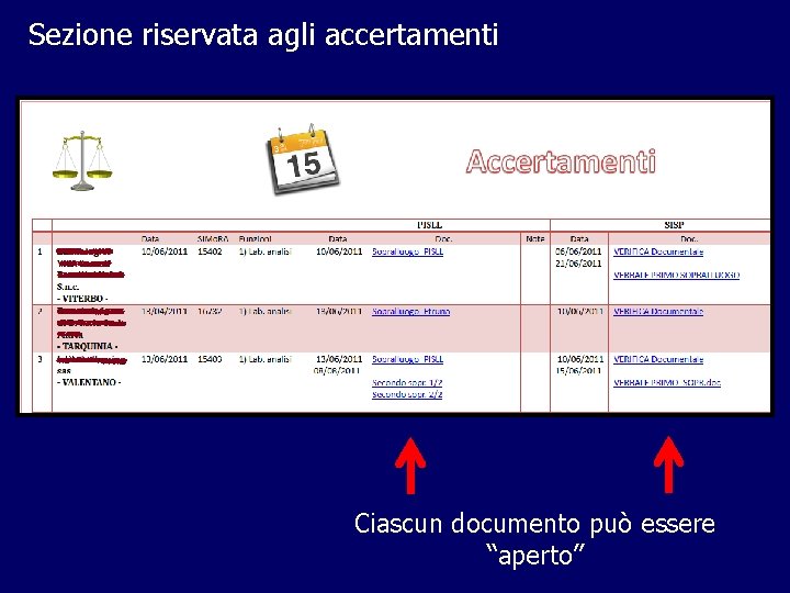 Sezione riservata agli accertamenti Ciascun documento può essere “aperto” 