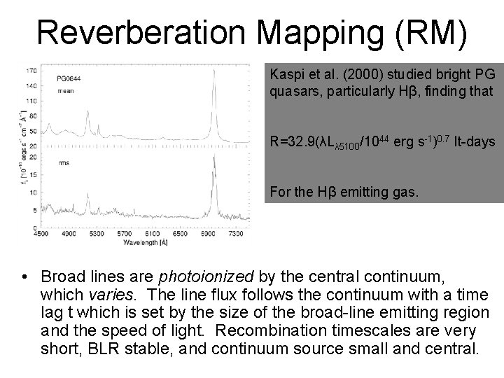 Reverberation Mapping (RM) Kaspi et al. (2000) studied bright PG quasars, particularly Hβ, finding