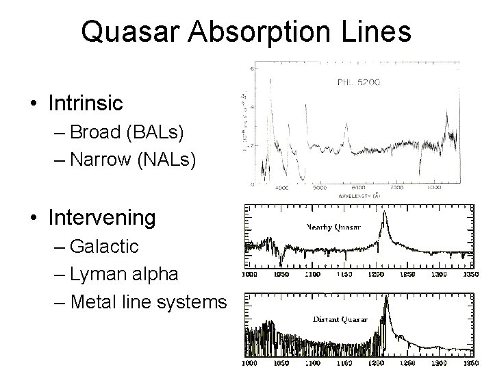 Quasar Absorption Lines • Intrinsic – Broad (BALs) – Narrow (NALs) • Intervening –