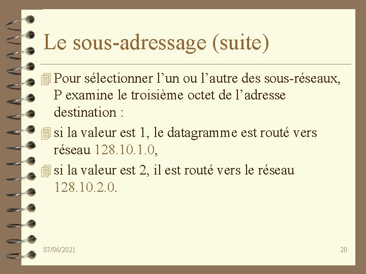 Le sous-adressage (suite) 4 Pour sélectionner l’un ou l’autre des sous-réseaux, P examine le