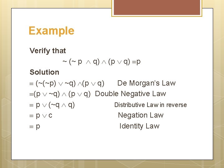 Example Verify that ~ (~ p q) (p q) p Solution (~(~p) ~q) (p