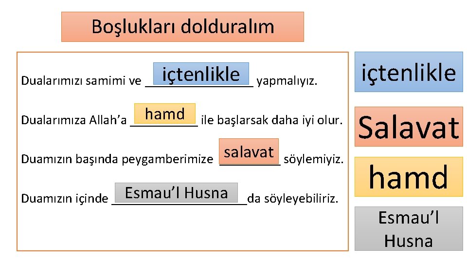 Boşlukları dolduralım içtenlikle yapmalıyız. Dualarımızı samimi ve ________ içtenlikle hamd ile başlarsak daha iyi