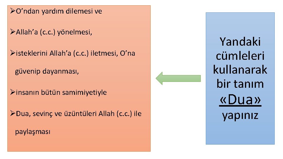 ØO’ndan yardım dilemesi ve ØAllah’a (c. c. ) yönelmesi, Øisteklerini Allah’a (c. c. )