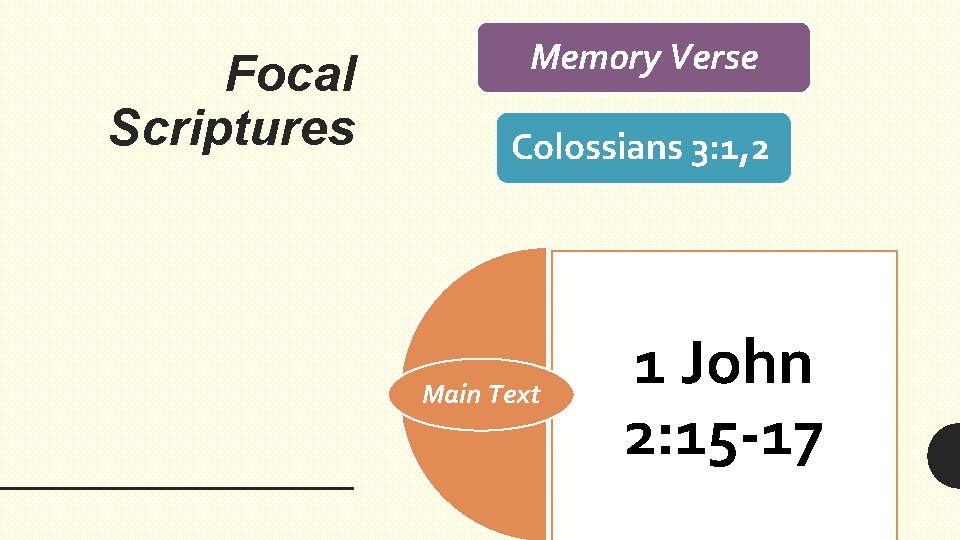 Focal Scriptures Memory Verse Colossians 3: 1, 2 Main Text 1 John 2: 15