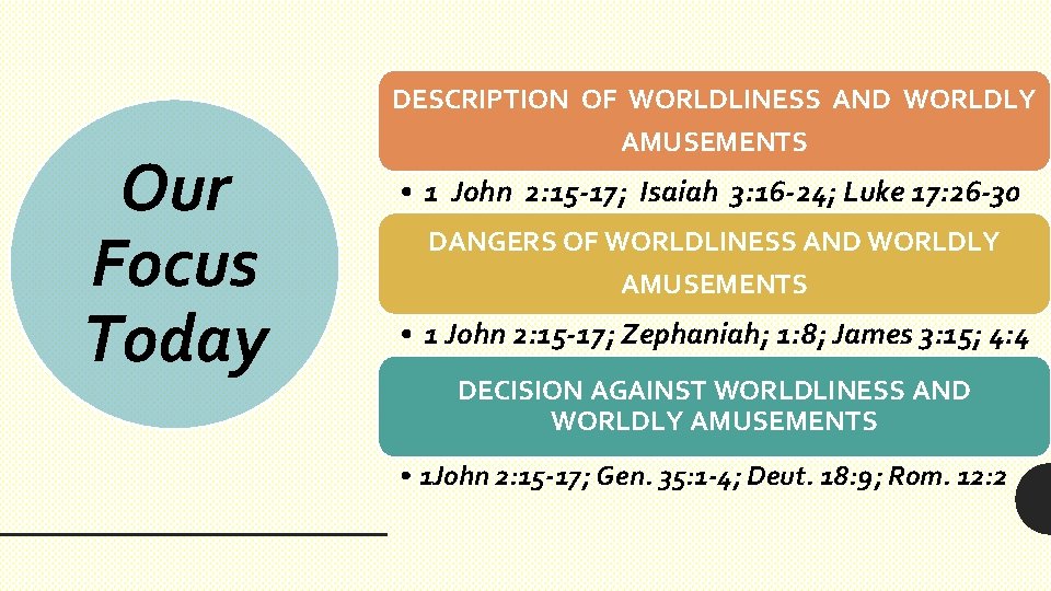 Our Focus Today DESCRIPTION OF WORLDLINESS AND WORLDLY AMUSEMENTS • 1 John 2: 15