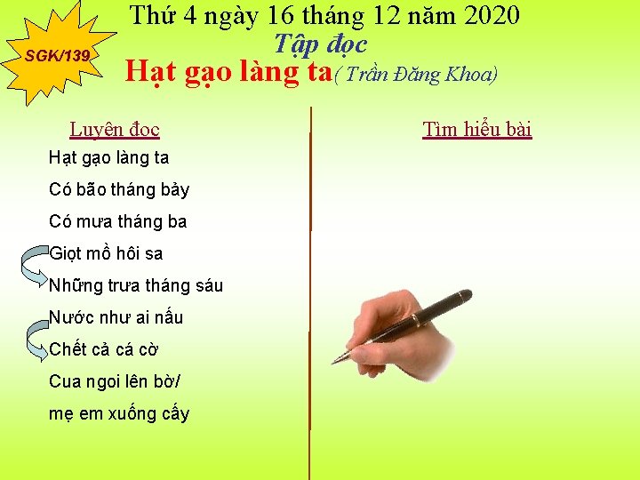 SGK/139 Thứ 4 ngày 16 tháng 12 năm 2020 Tập đọc Hạt gạo làng