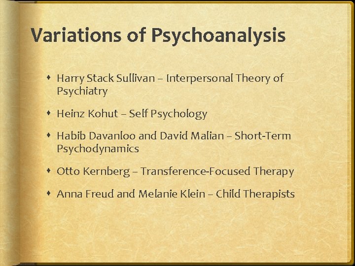 Variations of Psychoanalysis Harry Stack Sullivan – Interpersonal Theory of Psychiatry Heinz Kohut –