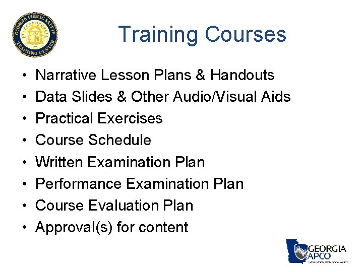 Training Courses • • Narrative Lesson Plans & Handouts Data Slides & Other Audio/Visual Training Courses • • Narrative Lesson Plans & Handouts Data Slides & Other Audio/Visual
