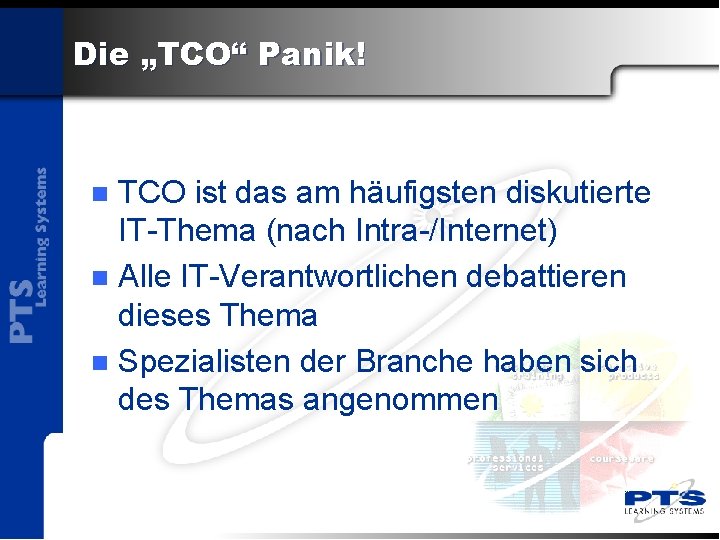 Die „TCO“ Panik! TCO ist das am häufigsten diskutierte IT-Thema (nach Intra-/Internet) n Alle