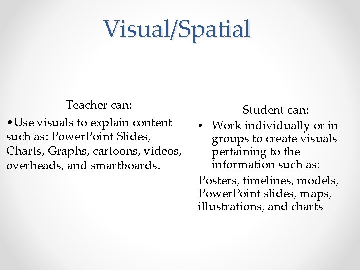 Visual/Spatial Teacher can: • Use visuals to explain content such as: Power. Point Slides,