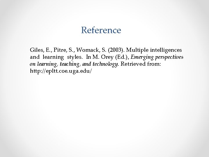 Reference Giles, E. , Pitre, S. , Womack, S. (2003). Multiple intelligences and learning