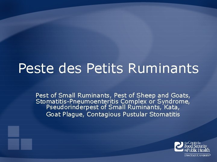 Peste des Petits Ruminants Pest of Small Ruminants, Pest of Sheep and Goats, Stomatitis-Pneumoenteritis