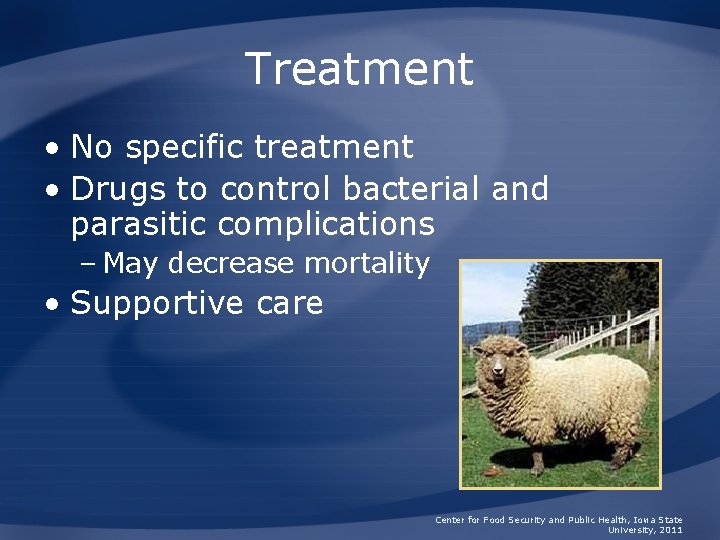 Treatment • No specific treatment • Drugs to control bacterial and parasitic complications –