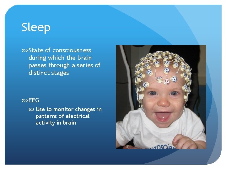 Sleep State of consciousness during which the brain passes through a series of distinct