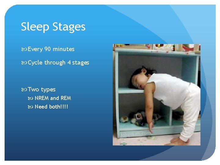 Sleep Stages Every 90 minutes Cycle through 4 stages Two types NREM and REM