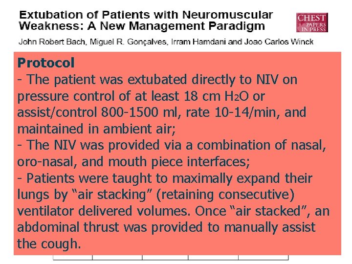Protocol - The patient was extubated directly to NIV on pressure control of at