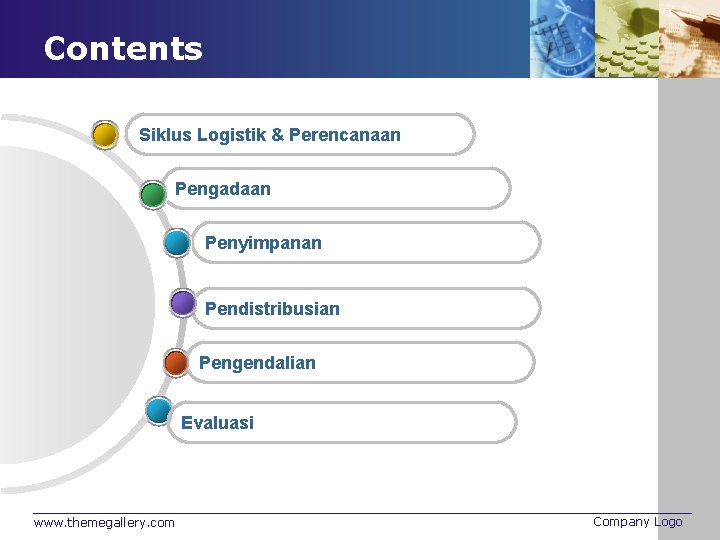 Contents Siklus Logistik & Perencanaan Pengadaan Penyimpanan Pendistribusian Pengendalian Evaluasi www. themegallery. com Company