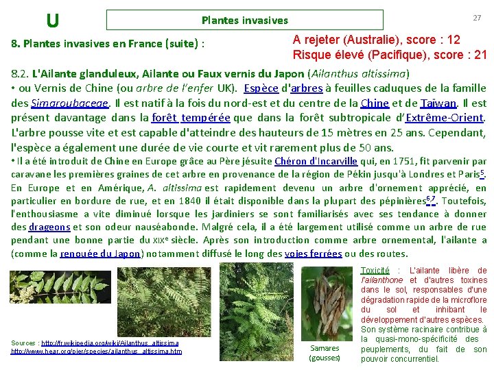 U Plantes invasives 27 A rejeter (Australie), score : 12 Risque élevé (Pacifique), score