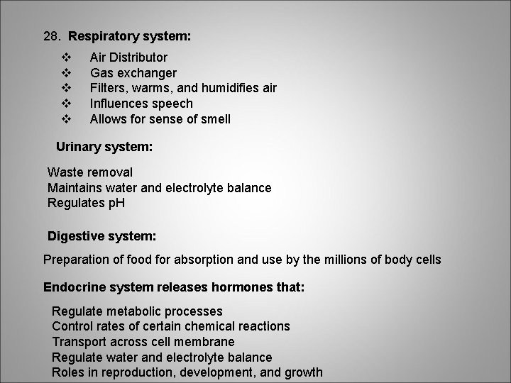 28. Respiratory system: v v v Air Distributor Gas exchanger Filters, warms, and humidifies