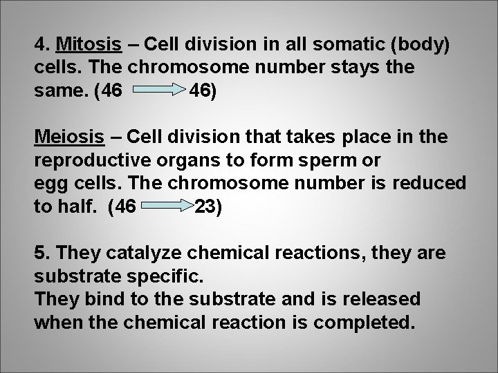 4. Mitosis – Cell division in all somatic (body) cells. The chromosome number stays