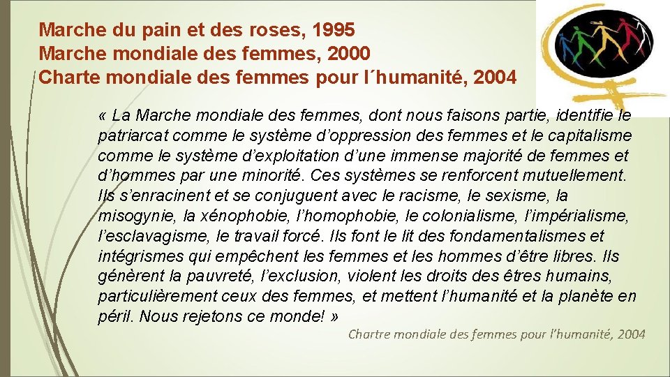 Marche du pain et des roses, 1995 Marche mondiale des femmes, 2000 Charte mondiale