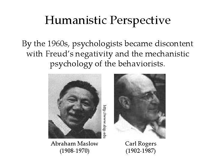 Humanistic Perspective By the 1960 s, psychologists became discontent with Freud’s negativity and the