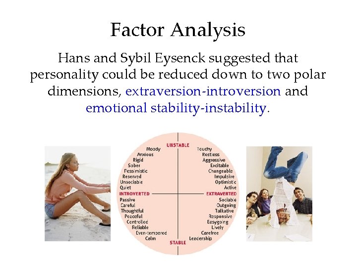 Factor Analysis Hans and Sybil Eysenck suggested that personality could be reduced down to