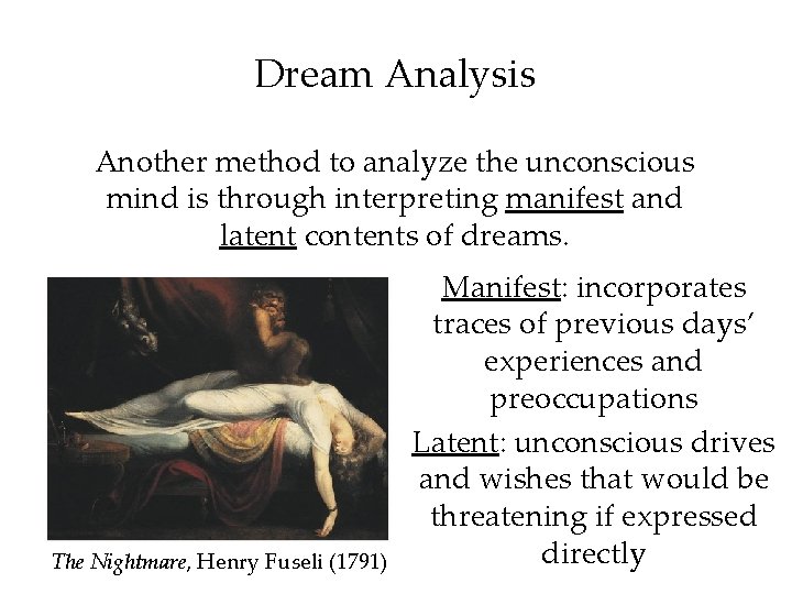 Dream Analysis Another method to analyze the unconscious mind is through interpreting manifest and