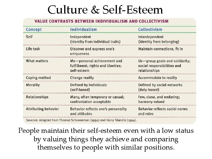 Culture & Self-Esteem People maintain their self-esteem even with a low status by valuing