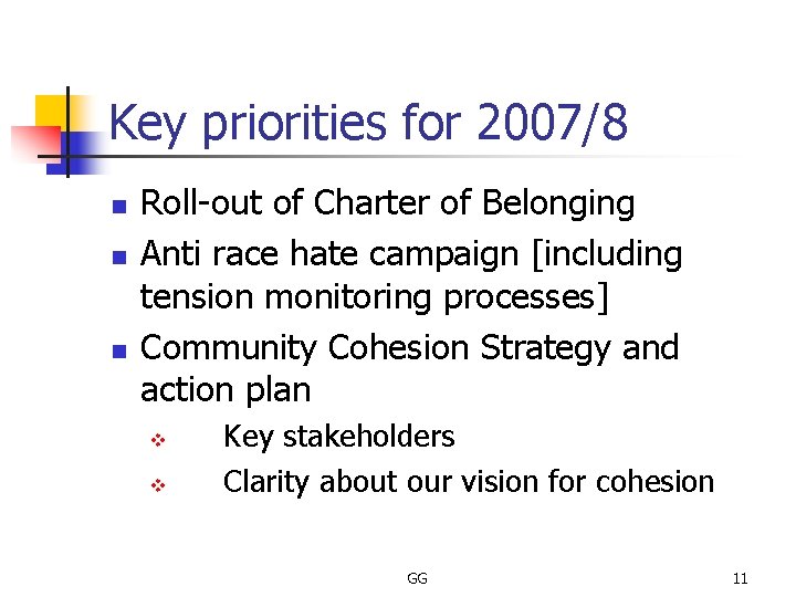 Key priorities for 2007/8 n n n Roll-out of Charter of Belonging Anti race