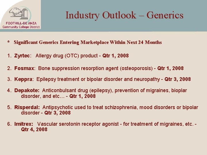 Industry Outlook – Generics * Significant Generics Entering Marketplace Within Next 24 Months 1.