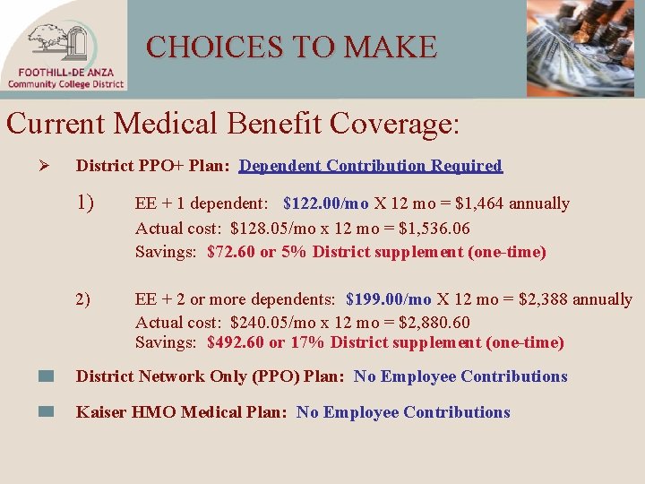 CHOICES TO MAKE Current Medical Benefit Coverage: Ø District PPO+ Plan: Dependent Contribution Required