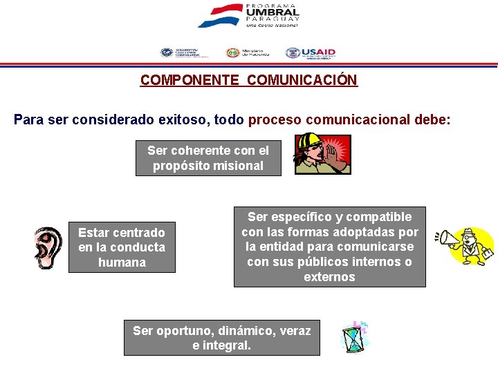 COMPONENTE COMUNICACIÓN Para ser considerado exitoso, todo proceso comunicacional debe: Ser coherente con el