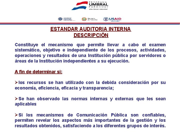 ESTANDAR AUDITORIA INTERNA DESCRIPCIÓN Constituye el mecanismo que permite llevar a cabo el examen