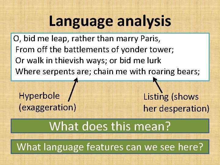 Language analysis O, bid me leap, rather than marry Paris, From off the battlements